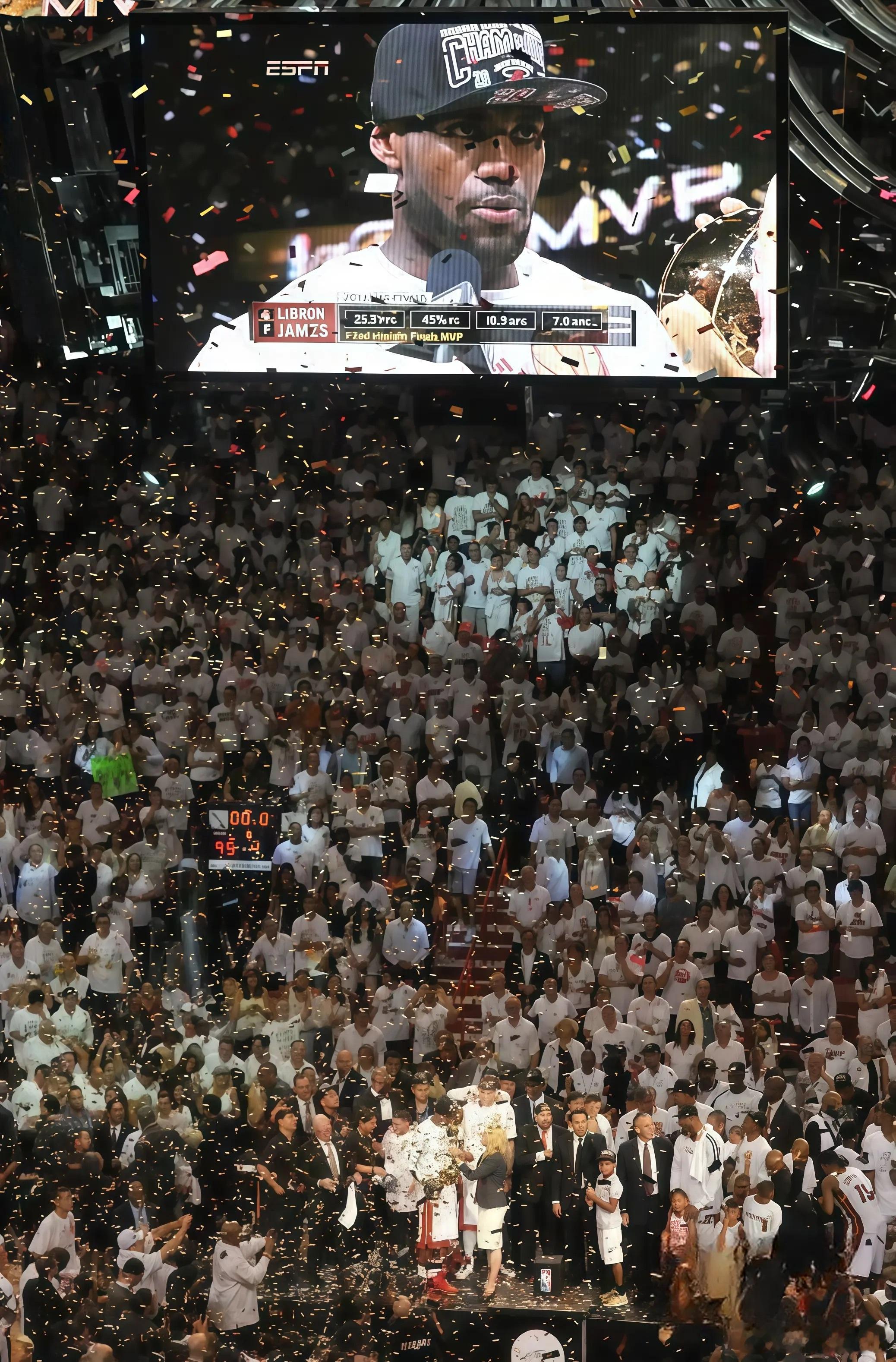 这张照片拍摄于2012年，是勒布朗詹姆斯加勉为王的封神时刻。美航中心漫天彩带为他