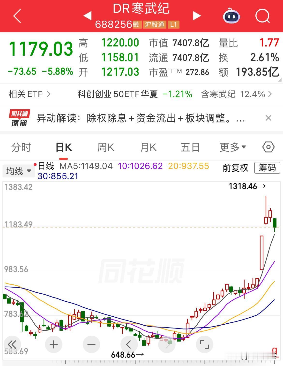 寒武纪重挫6%！除息除权日，也把科创50给带下来了跌幅超2%，今天是“寒王”的除
