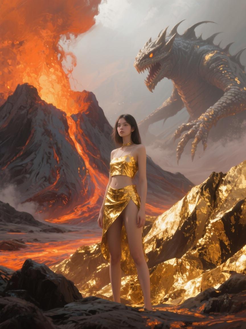 AI妙生图在烈焰与巨龙环绕的世界，黄金盛装下，人生如炼，淬火方能绽耀光芒✨
