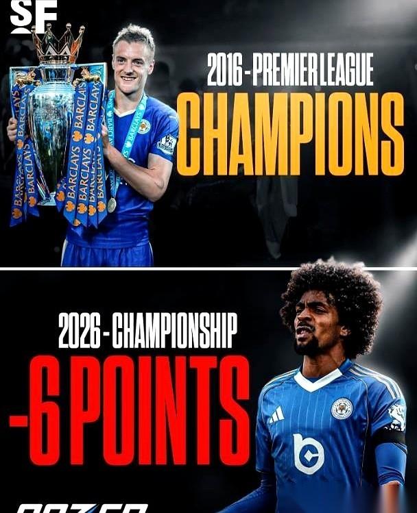 前英超冠军莱斯特城，直接被一纸罚单，砍掉了6分。
现在，他们在英冠积分榜上排到了