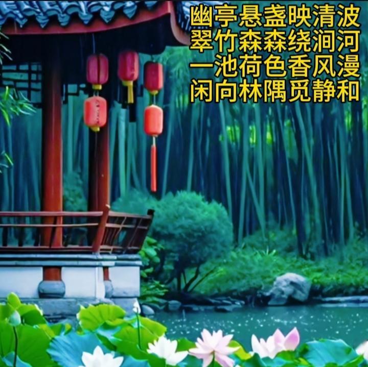 幽亭悬盏映清波，
翠竹森森绕涧河。
一池荷色香风漫，
闲向林隅觅静和。