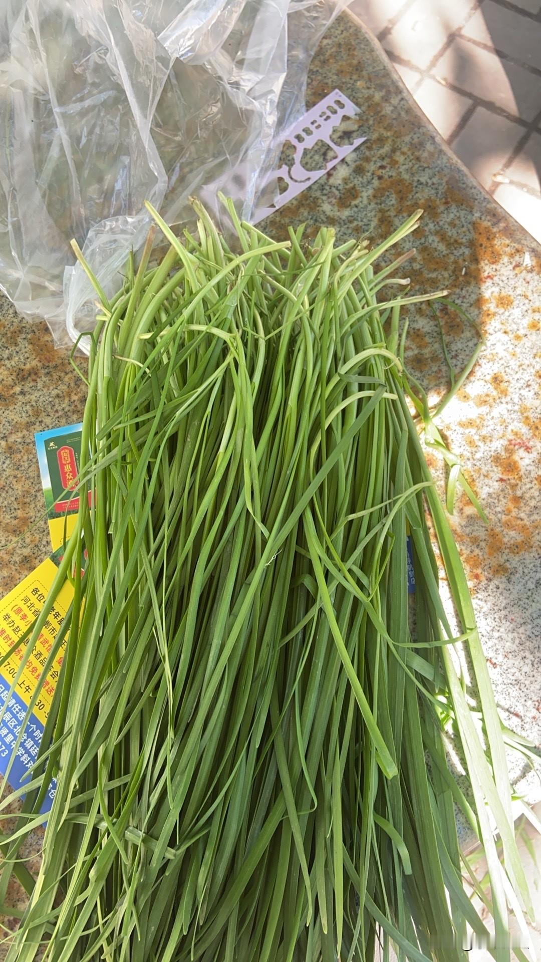 今天早晨溜早市，我买了白粘玉米，5元4个！厨房湿纸巾，10元2个！
韭菜是朋友给