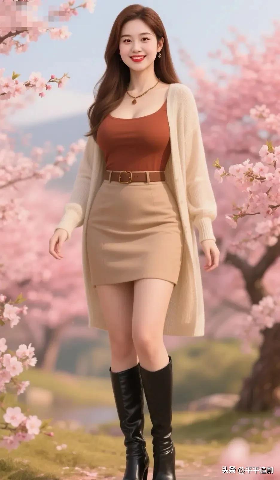 樱花漫过肩头，笑意藏在春风里。
米白开衫裹着温柔，棕裙与皮靴衬着利落，
在春日里