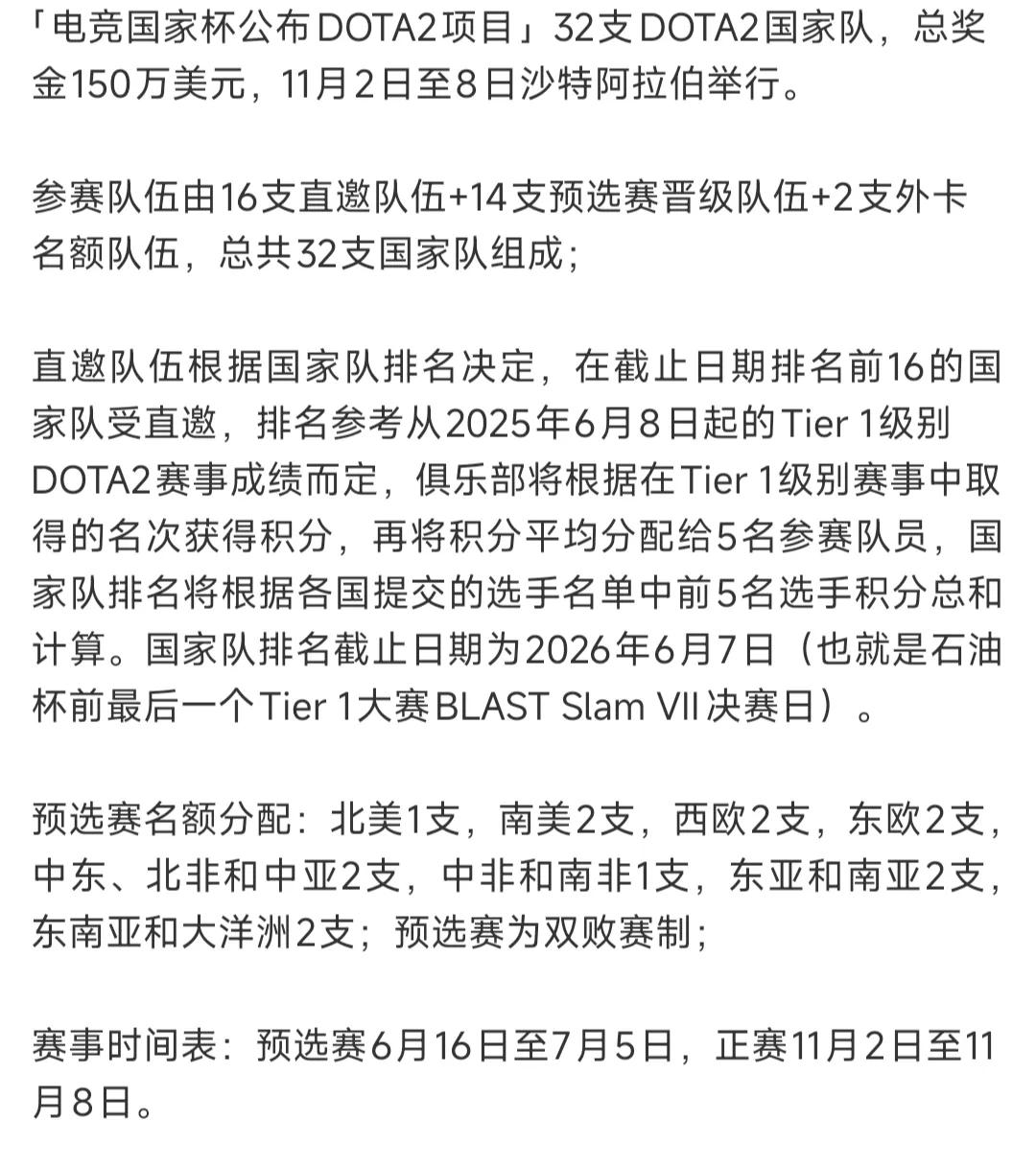 电竞国家杯DOTA2来了，中国能夺冠吗

参赛队伍:32支
总奖金:150万美元