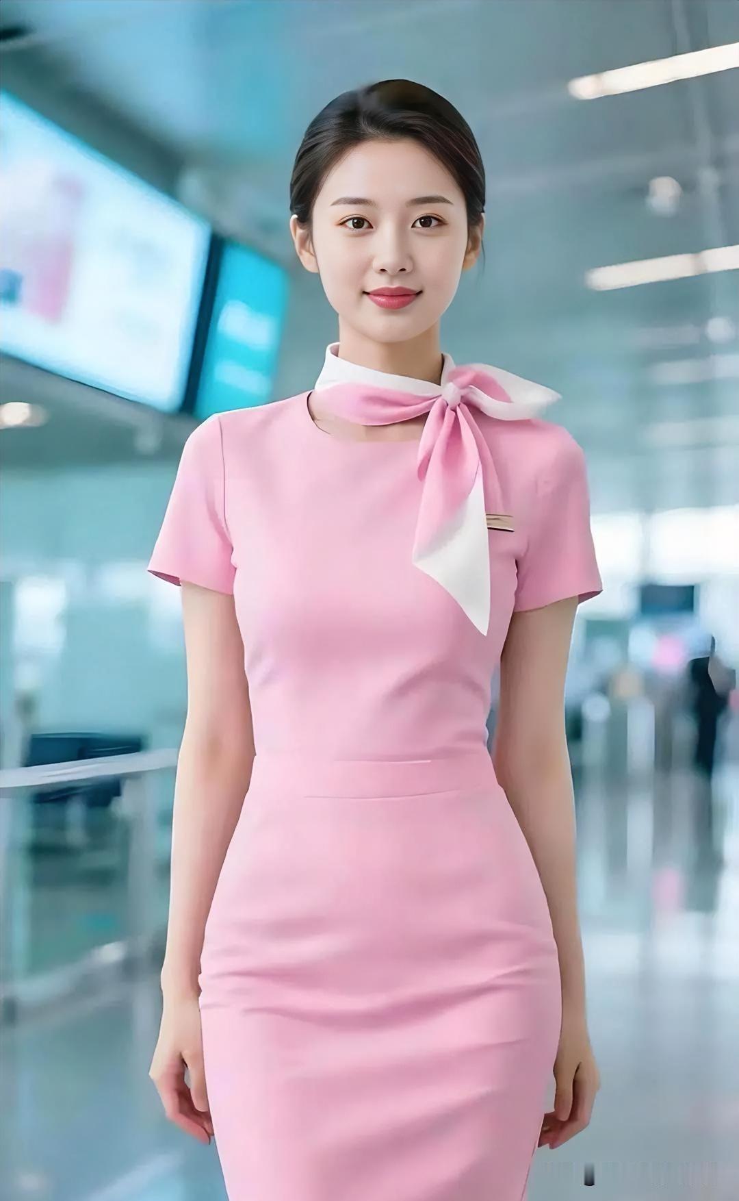 粉色制服裙装搭配飘逸丝巾，笑容温婉站立于光洁空间，优雅气质如春风拂面，尽显专业与
