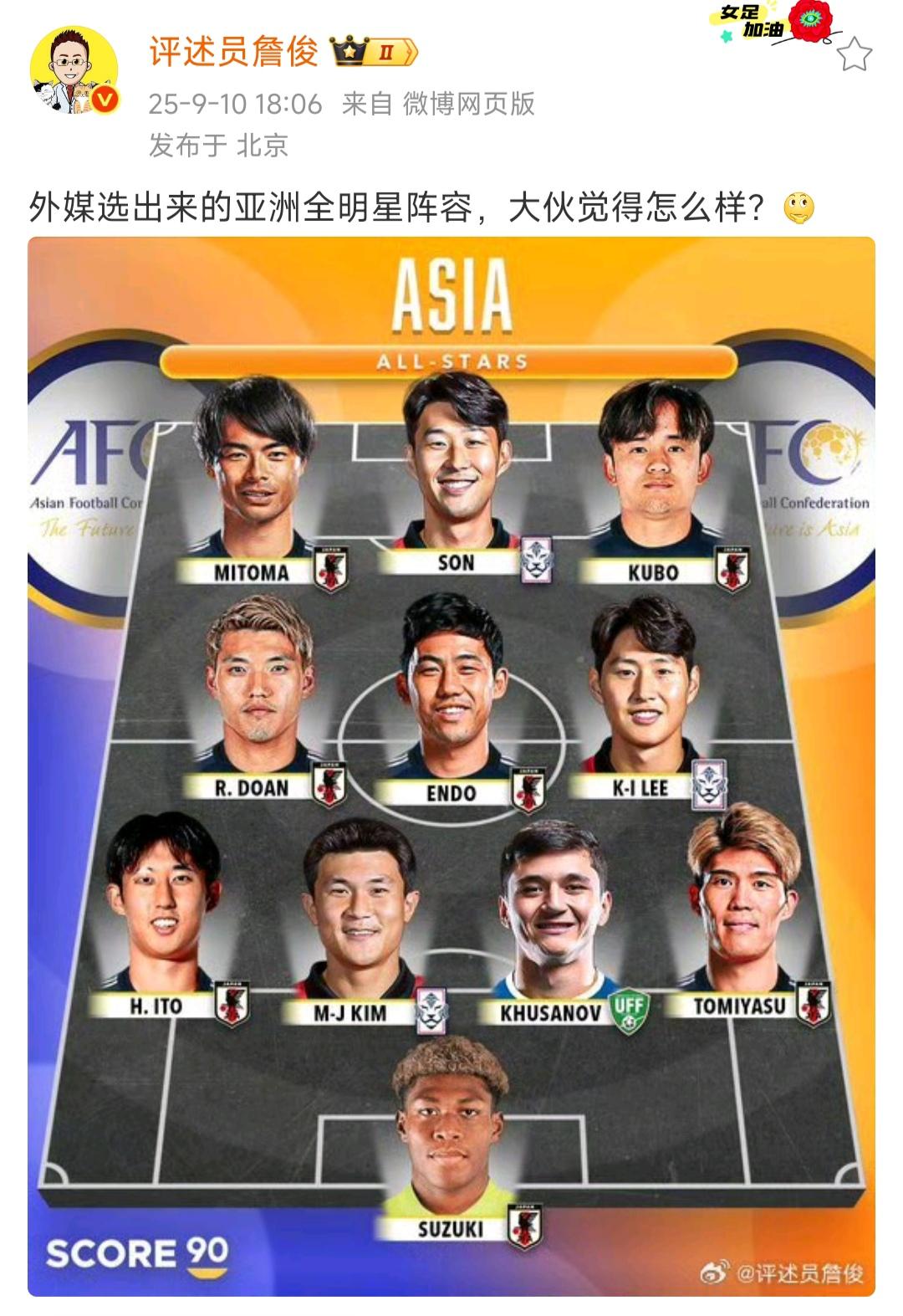 詹俊说这是外媒评的亚洲全明星，全是日本和韩国球员。

曼城那位胡桑诺夫是乌兹别克