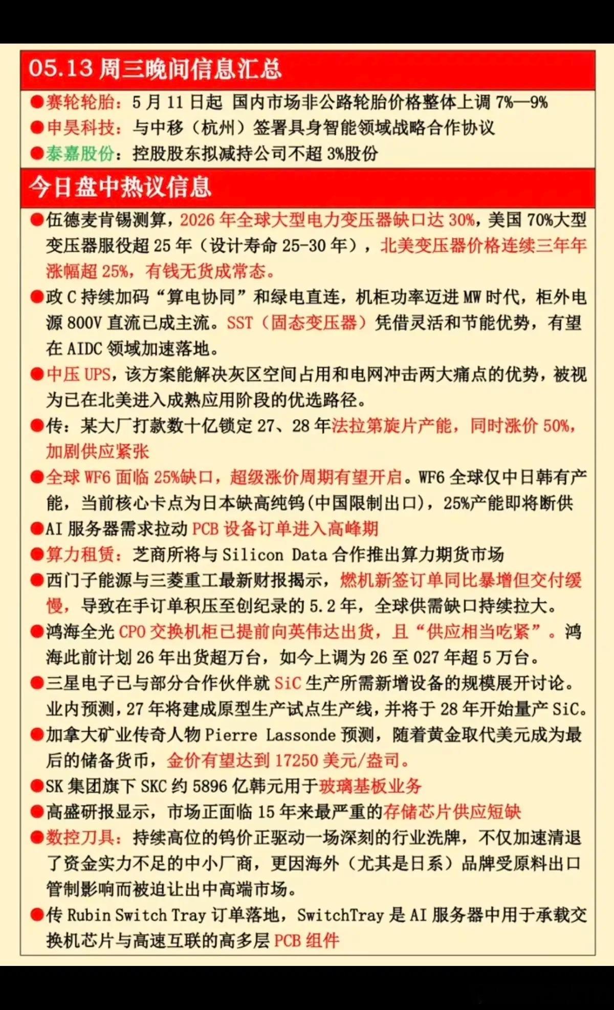 5.14周三晚间  财经信息汇总！1.电力变压器，缺口2.SST固态变压器3.法