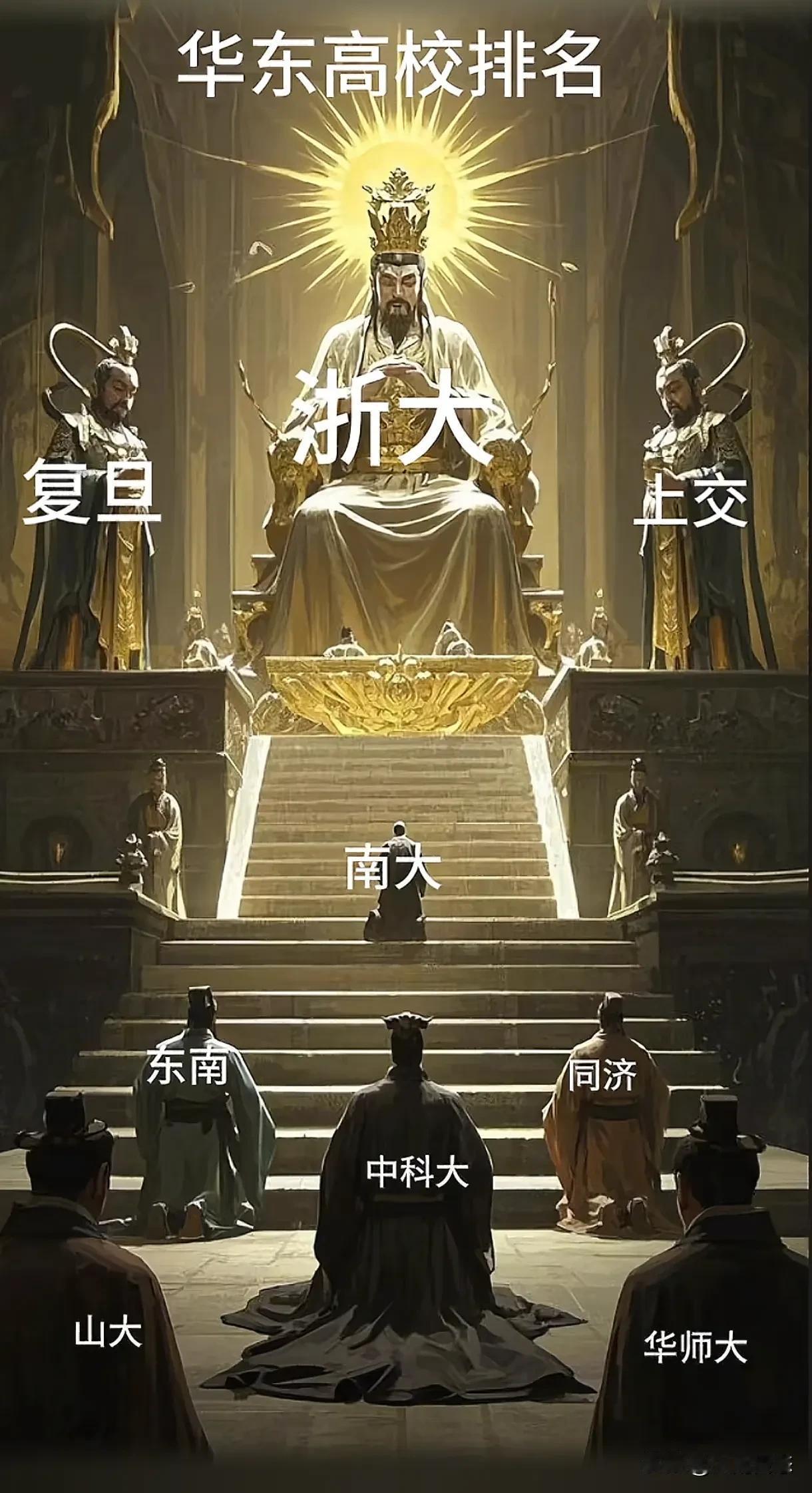 华东高校实力排行，浙大稳坐第一。复旦上交第二第三
网上网友搞了一张华东高校地位实