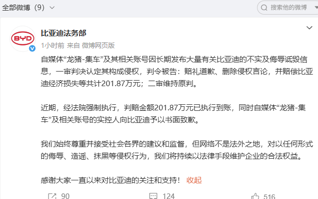 近期，经法院强制执行，判赔金额201.87万元已执行到账，同时自媒体“龙猪-集车