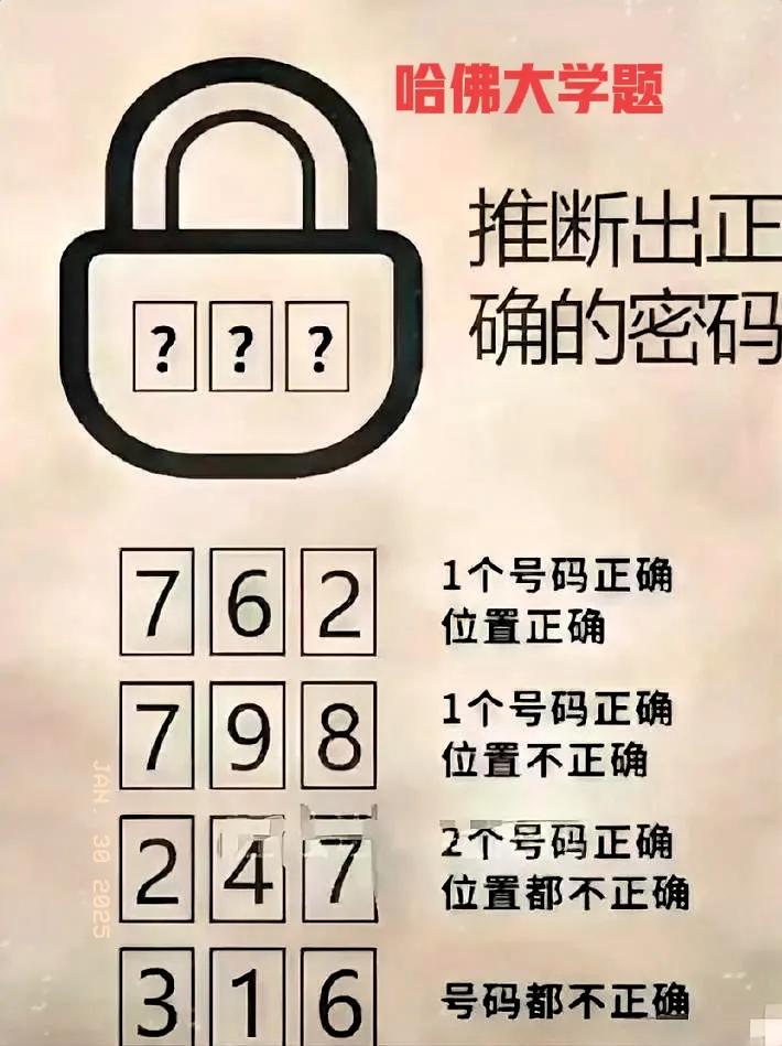 你能猜出图中锁的密码吗？据说这是哈佛大学系的难题，如果能推断出正确的密码，绝对是