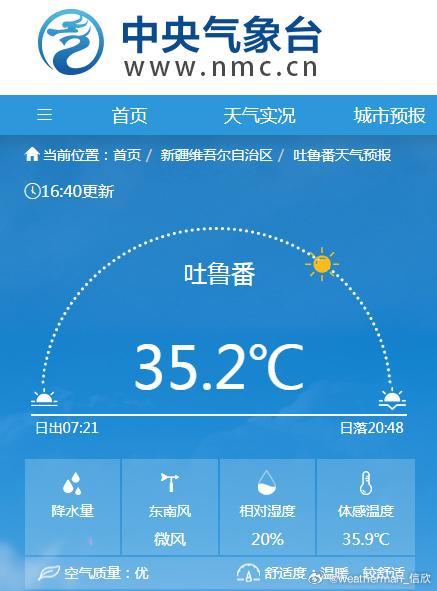 【吐鲁番高温】今天下午吐鲁番气温越过35℃高温线，从5月30日以来，连续89天高