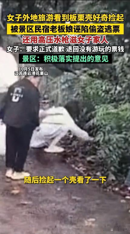 在江苏连云港花果山景区，一位游客因孩子捡拾地上的板栗壳，与当地民宿经营者发生冲突