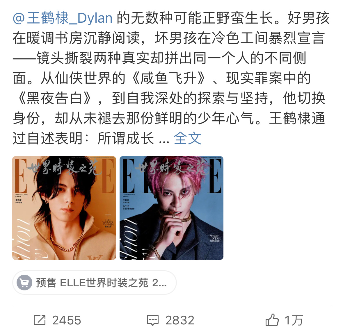 王鹤棣杂志王鹤棣elle九月刊杂志封面来了这拍的也太普通了。。 ​​​