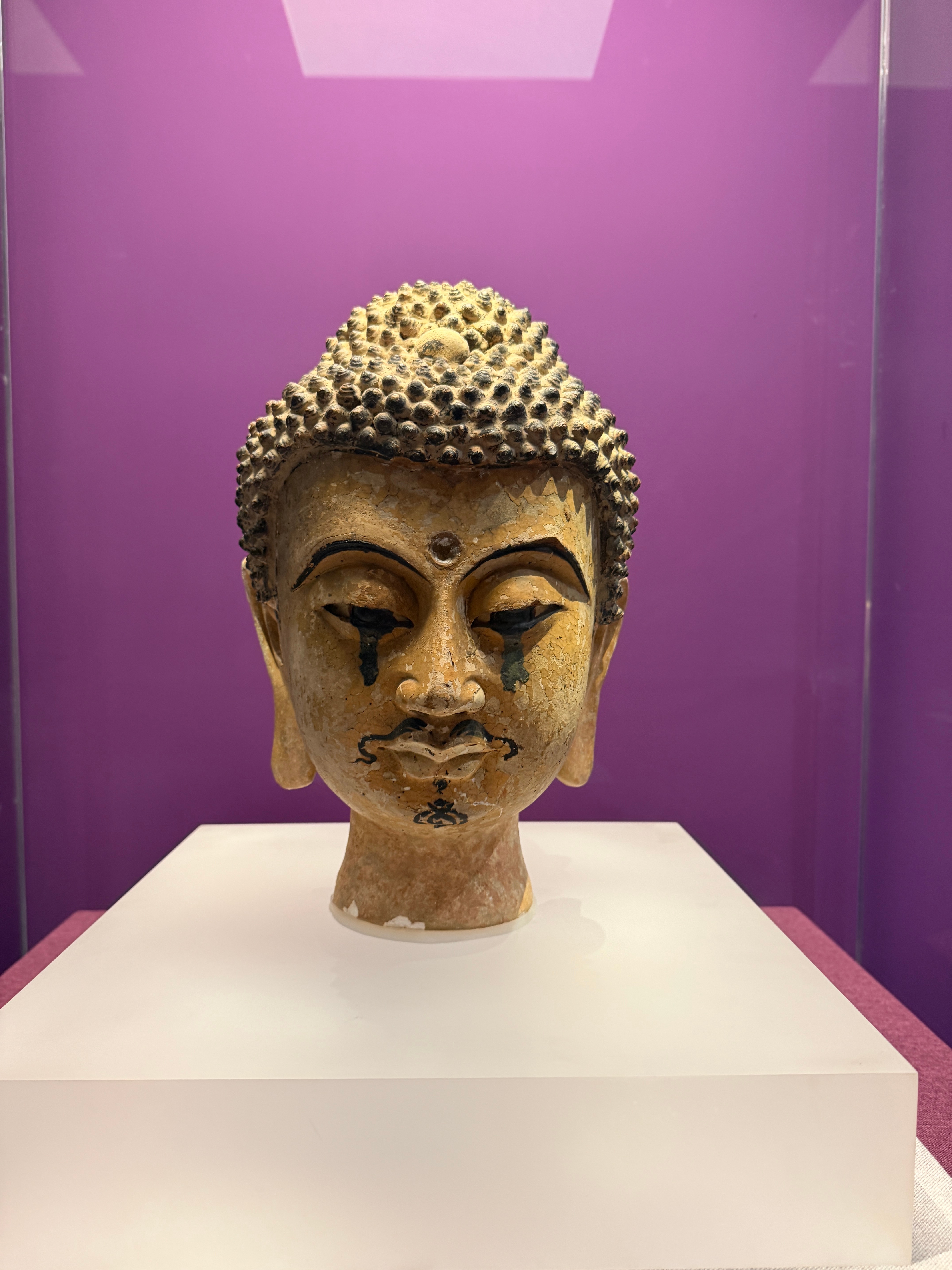 彩绘泥塑佛头像西夏1990年宁夏贺兰县宏佛塔出土宁夏博物馆藏这尊佛头像泥塑中空，