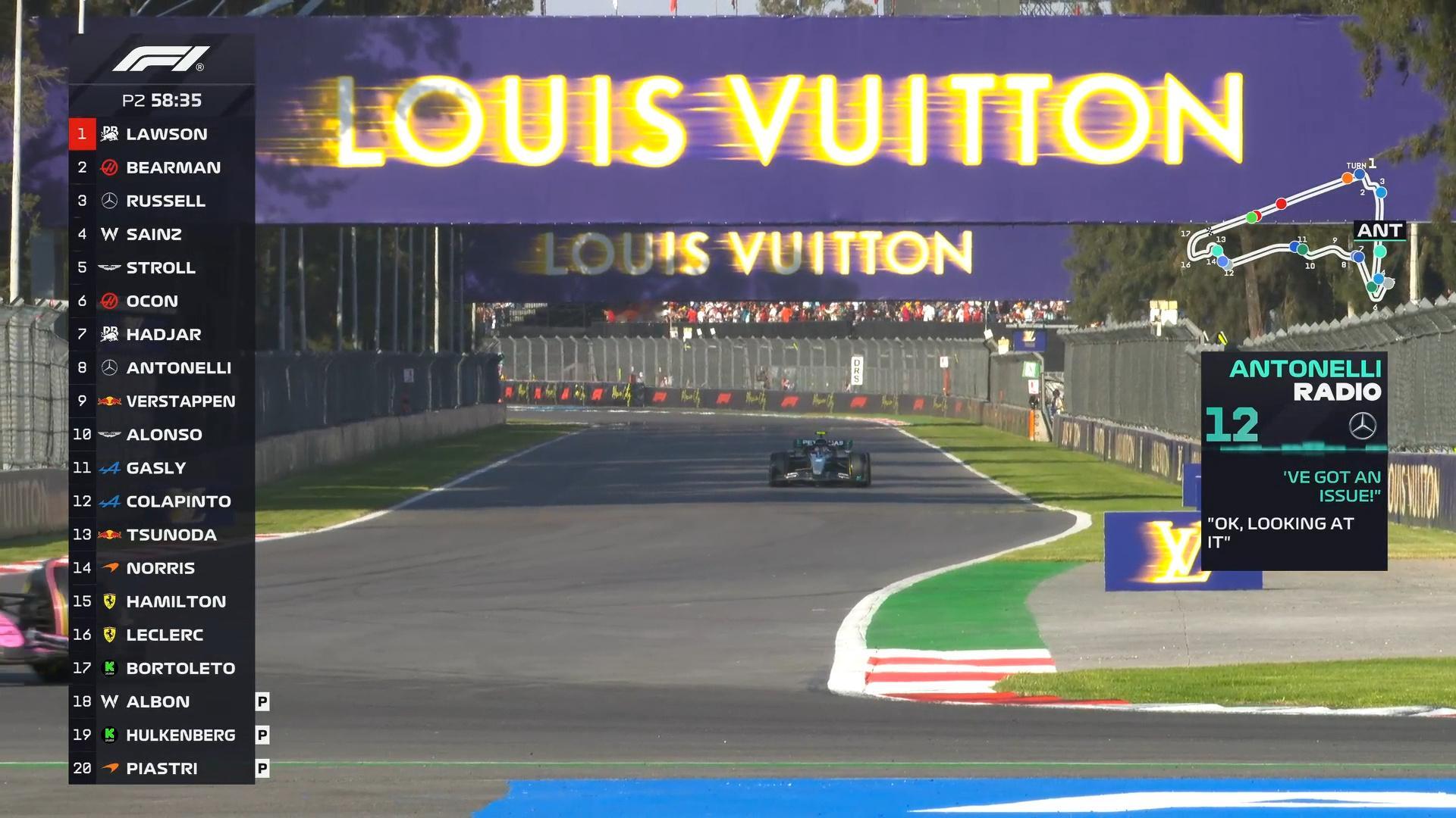二练刚开始，安东内利就在TR中说赛车出现问题。F12025F1墨西哥城大奖赛 ​