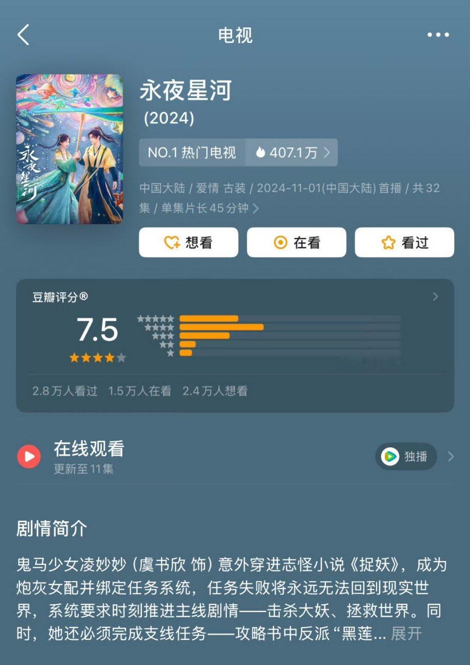《永夜星河》3.9万人开分7.5《小巷人家》1.5万人开分8.2最近最热的两部剧