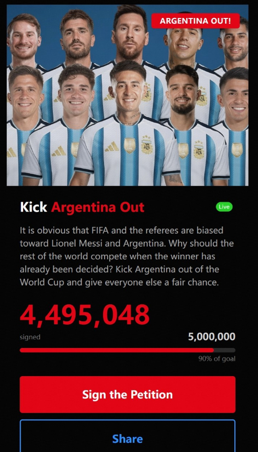 全网吵翻！驱逐阿根廷请愿直接冲满500万签名！外网自建网站指责FIFA保送梅西、