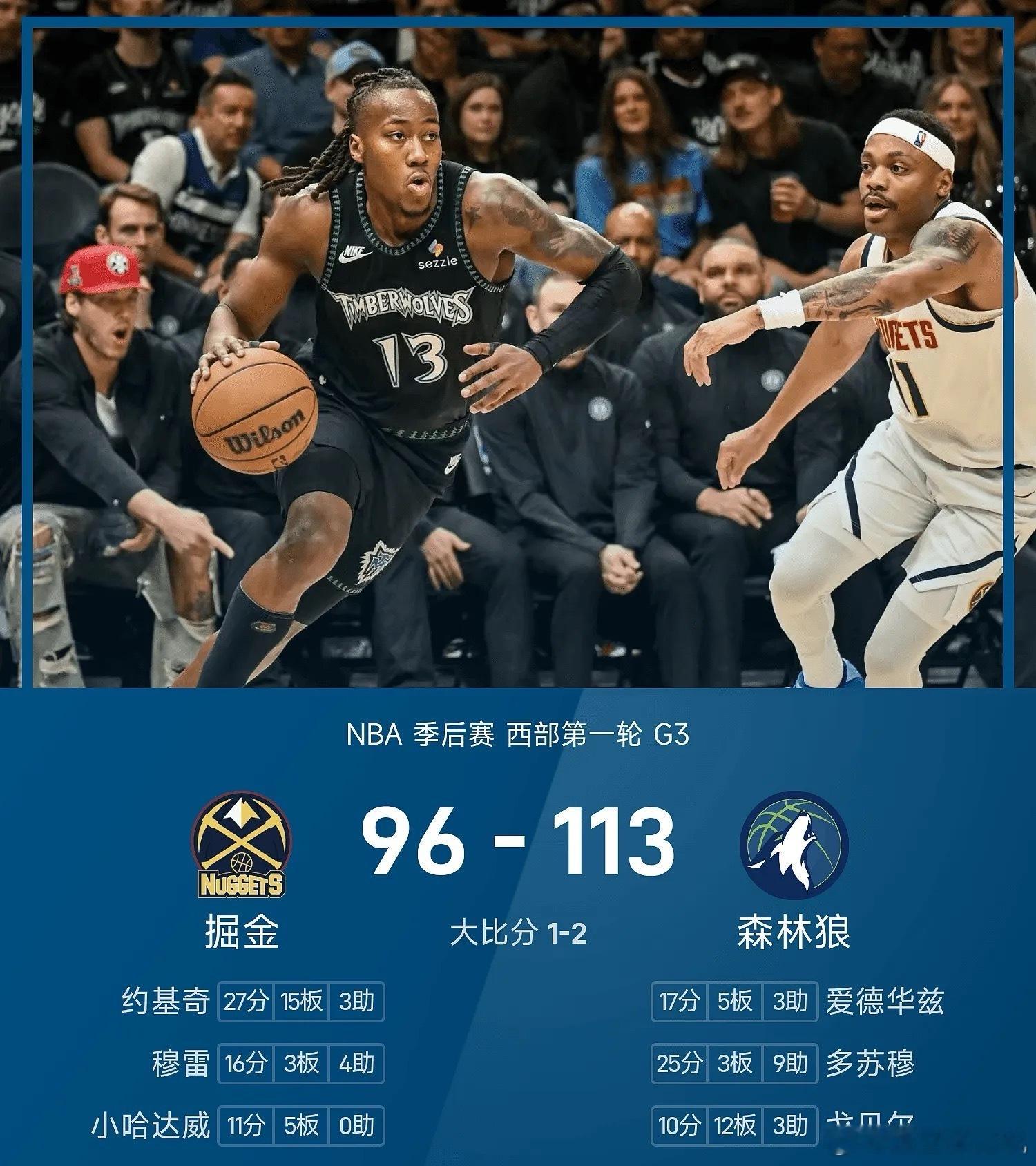 掘金vs森林狼04月24日NBA 季后赛 西部第一轮，森林狼对阵掘金。双方全场战