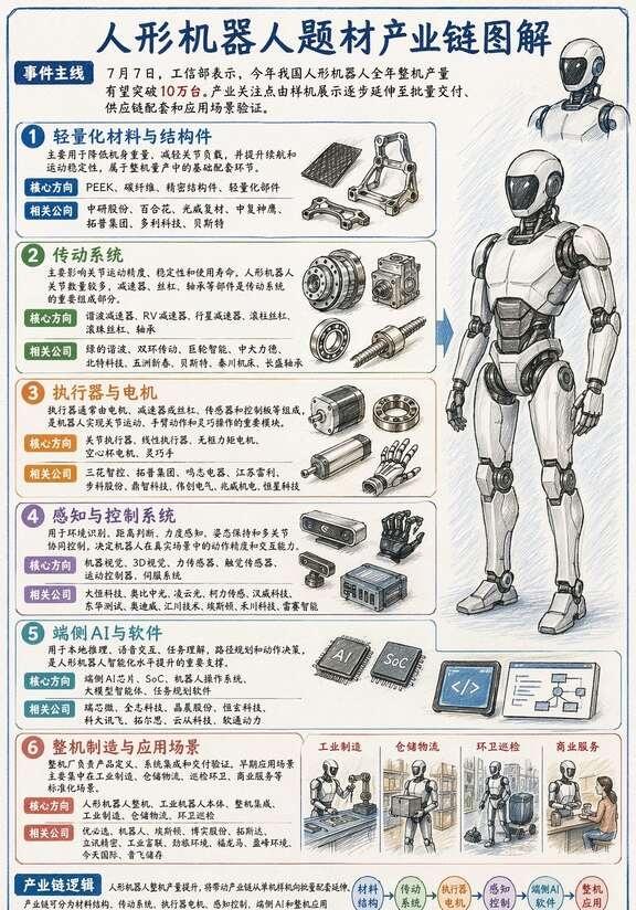 人形机器人产业链梳理
7月7日，工信部表示，今年我国人形机器人全年整机产量有望突