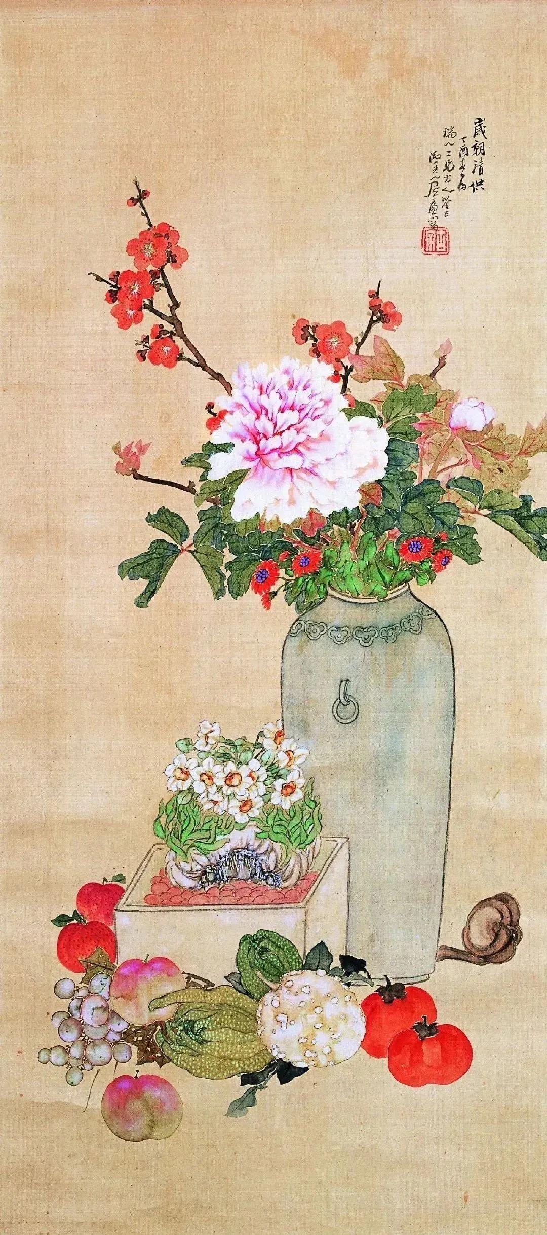 所绘山水、花卉多秀雅，草虫则活灵活现。
