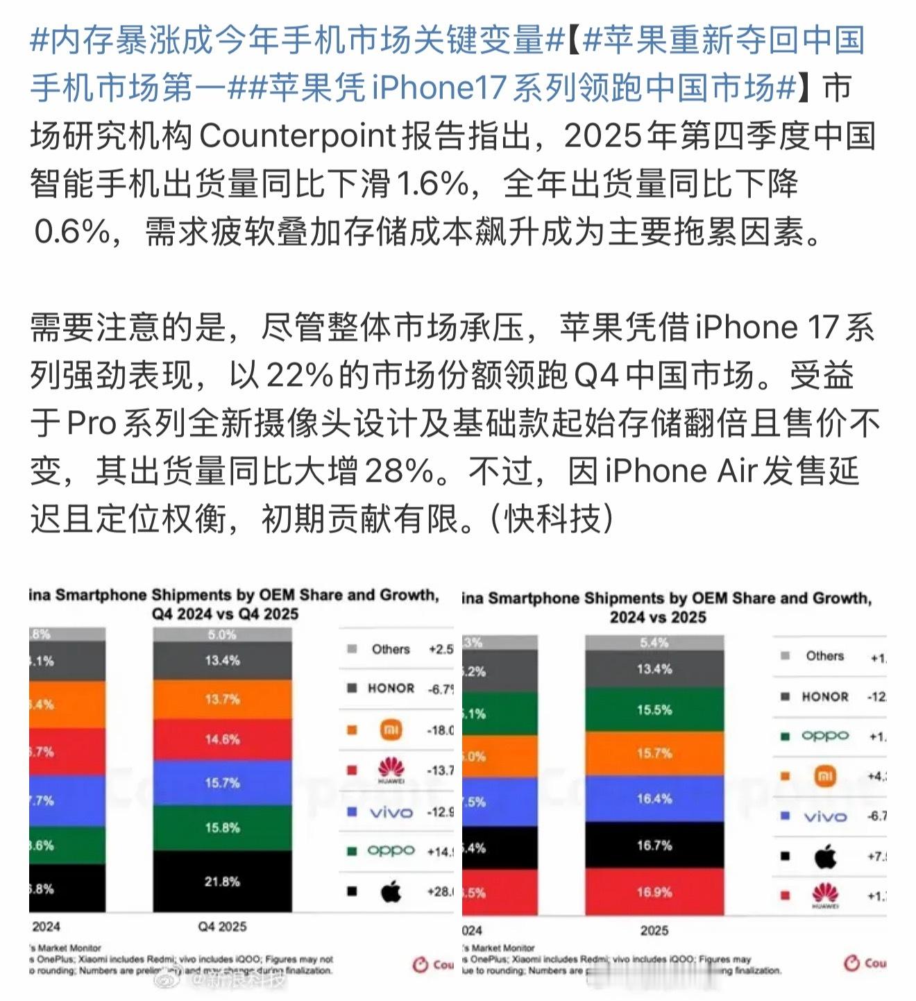 苹果重新夺回中国手机市场第一挺正常，毕竟iPhone 17系列真的销量太好了，卖
