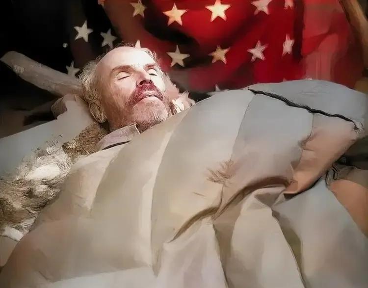 1939年11月，白求恩遗容，照片中的他躺在一个简易的担架上，已经没有了生命的体