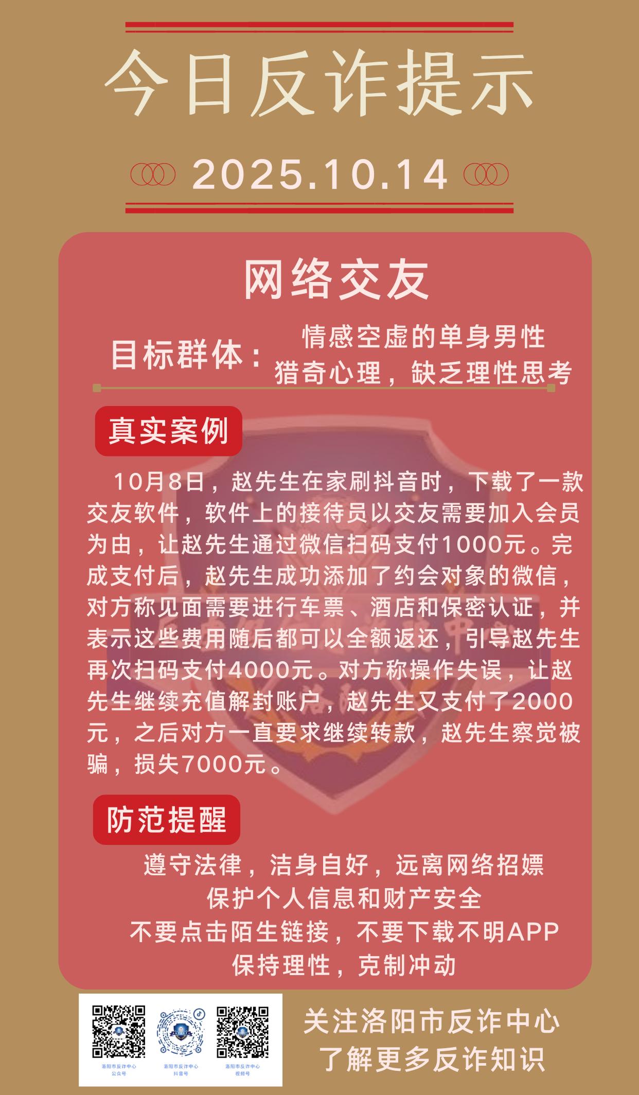 今日反诈提示（2025.10.14）
遵守法律，洁身自好，远离网络招嫖
