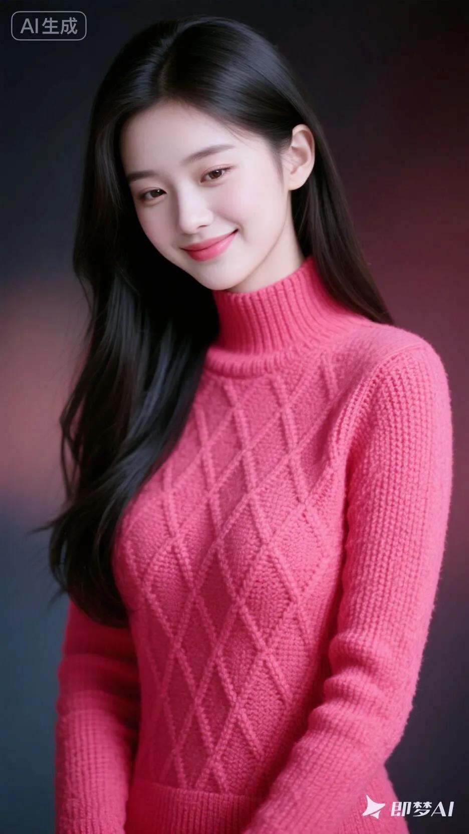 甜美粉毛衣少女，温柔微笑，元气满满！🌸💖