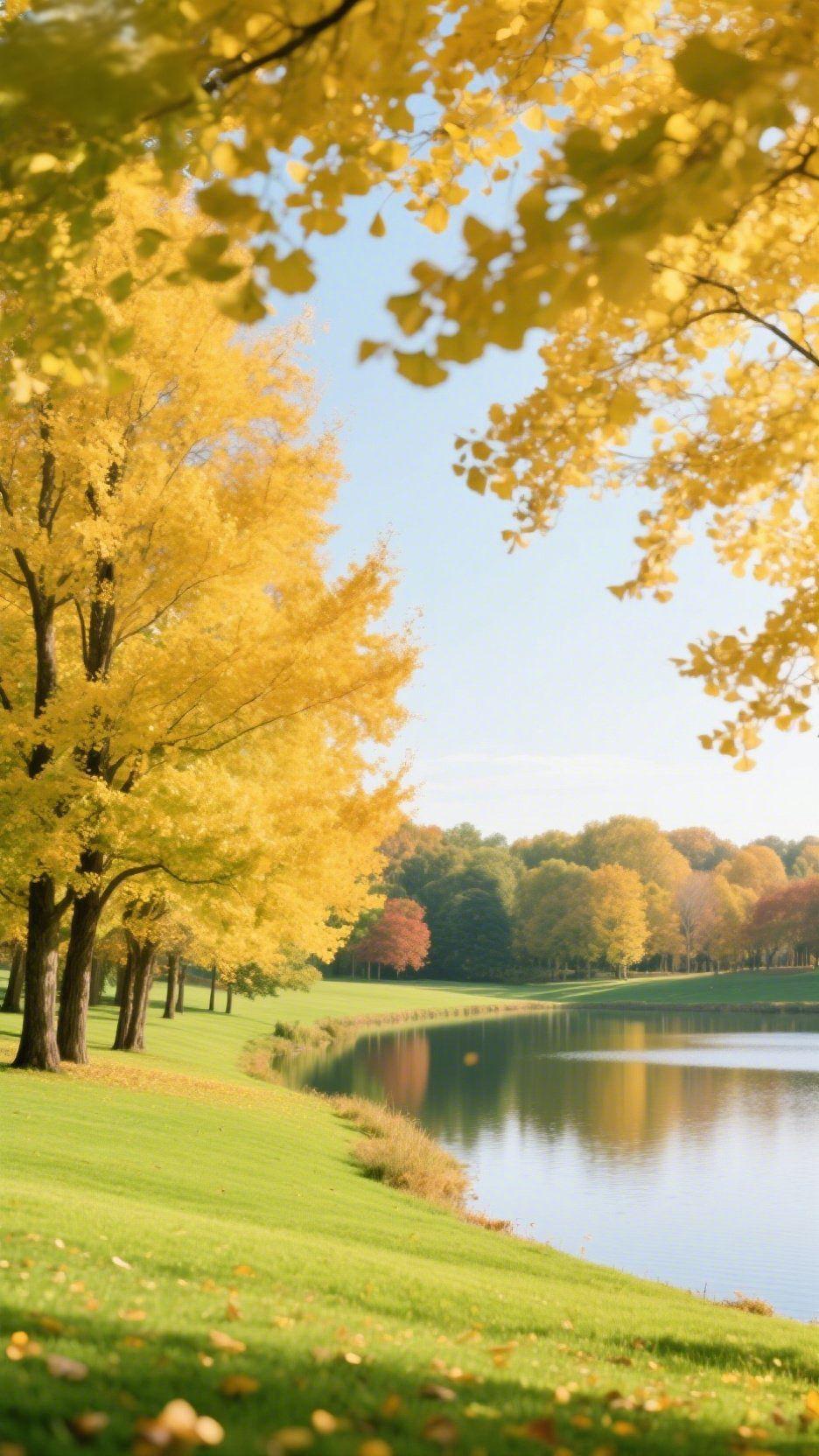 《秋湖金叶染晴空》
 
风裹着桂香掠过湖畔，银杏把秋阳揉成碎金，泼满了岸。
 