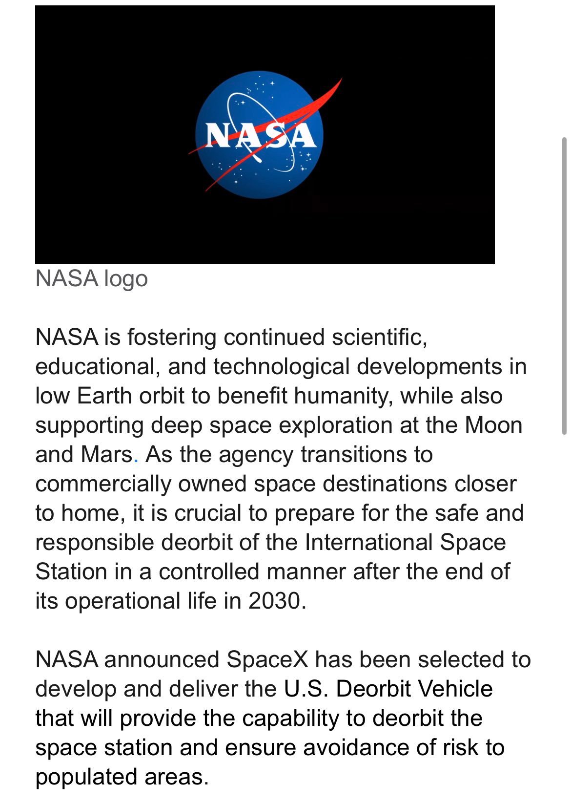 SpaceX赢得美国宇航局授予的价值8.43亿美元合同，负责设计和建造脱离轨道的