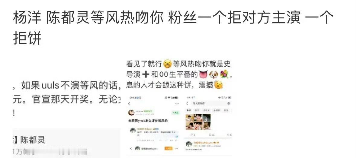 现在明文不让撕番，所以粉丝开始拒🫓了……杨洋、陈都灵，等风热吻你，两家粉丝一个