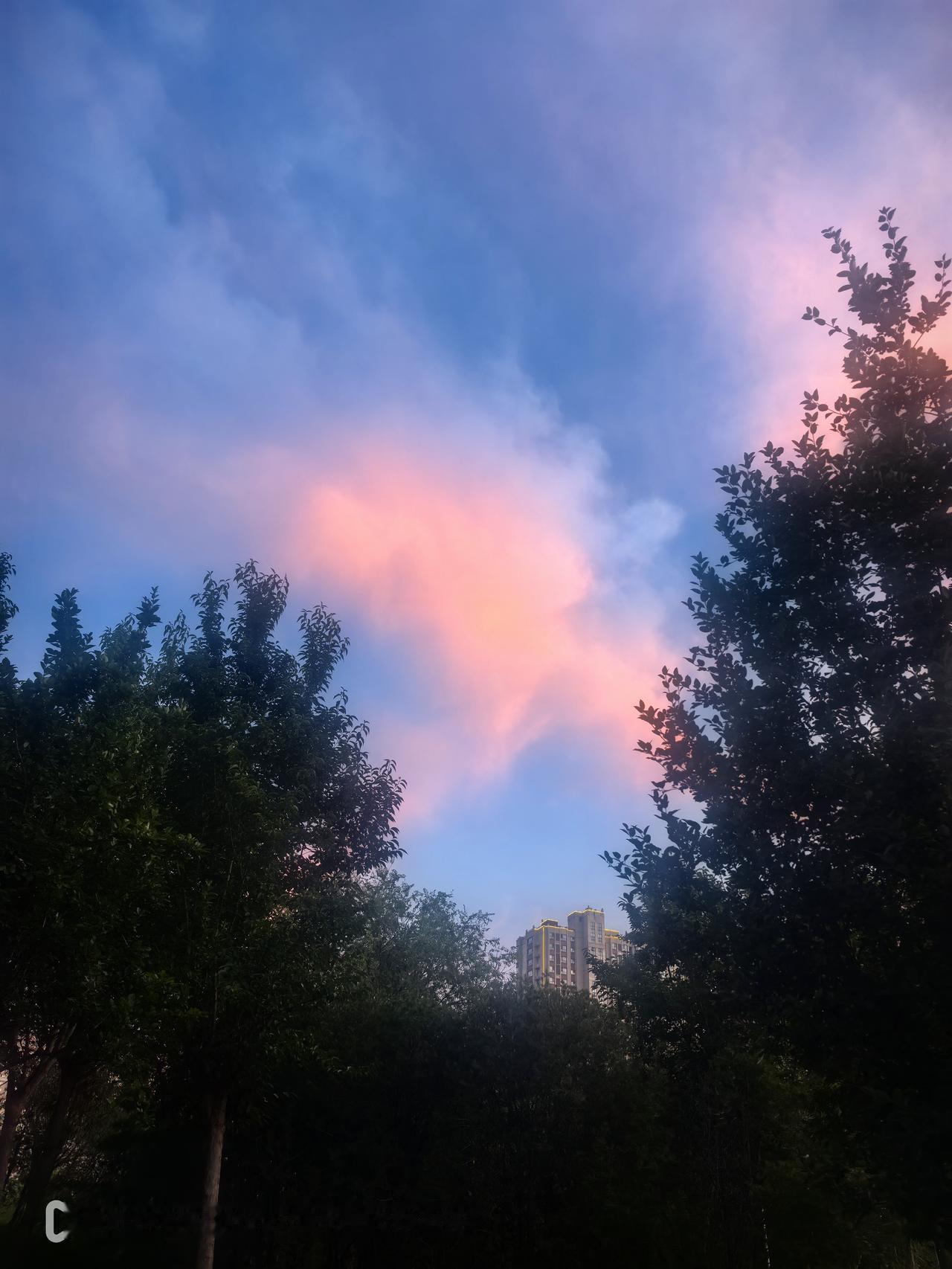 现在是傍晚17时55分，西边的天际和东边的天际同时出现了晚霞，这种景像是不是很少
