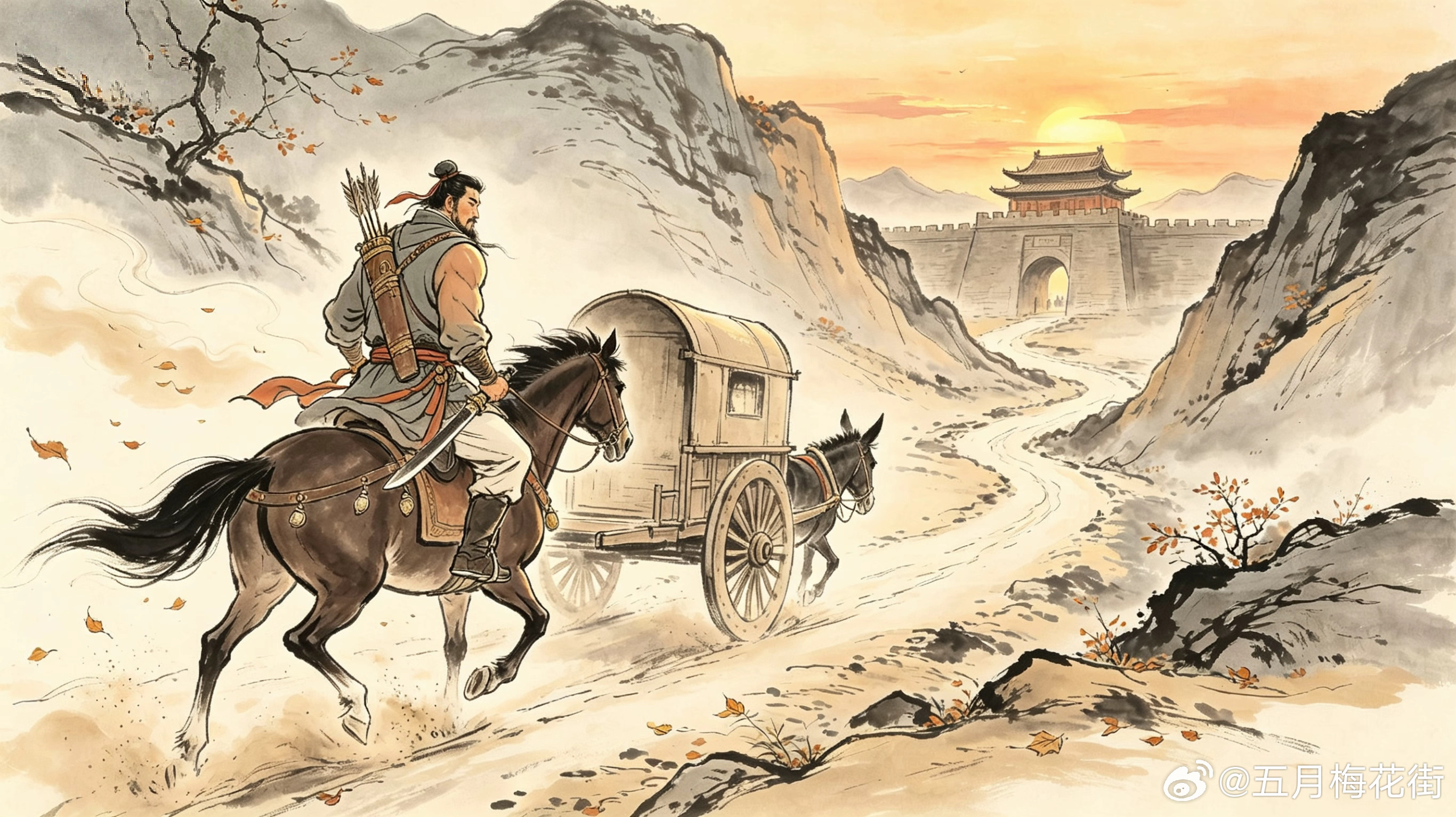 清寒吹角，雁门关外，朔风怒卷黄昏。……西风肃杀，黄沙与落叶齐飞，落日黄昏，马铃与
