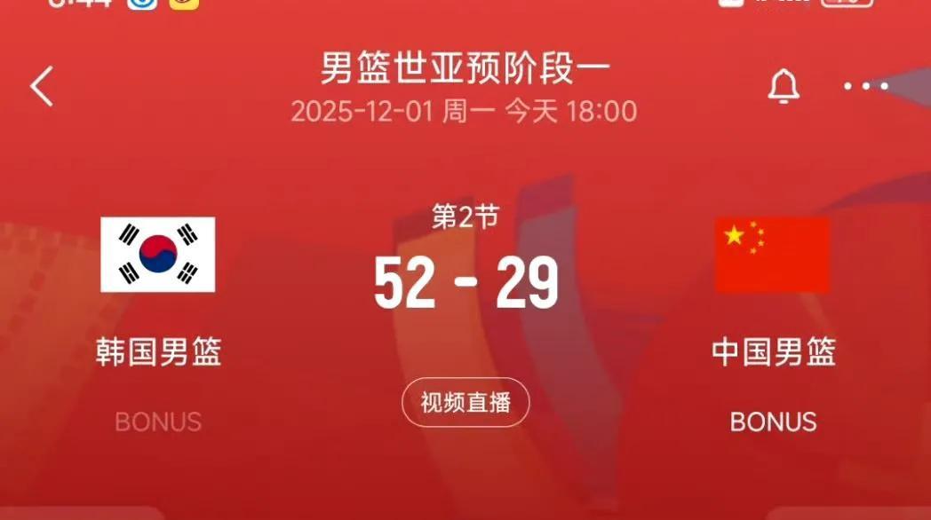 上半场：中国男篮29-52韩国男篮！
我们三分球12中1，并出现了8次失误。
