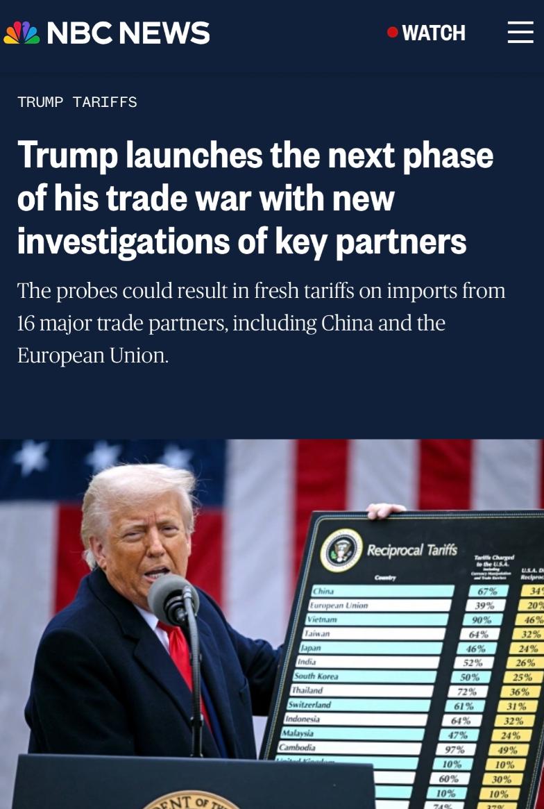 美媒：美国即将展开对包括中国等主要贸易国进行“贸易调查”。

全球贸易领域再起波