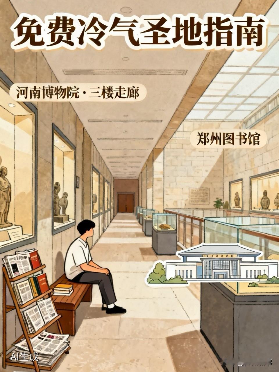 我上周花了三天时间，跑了郑州四个免费冷气圣地。说实话，不是每家都适合你。
河南博