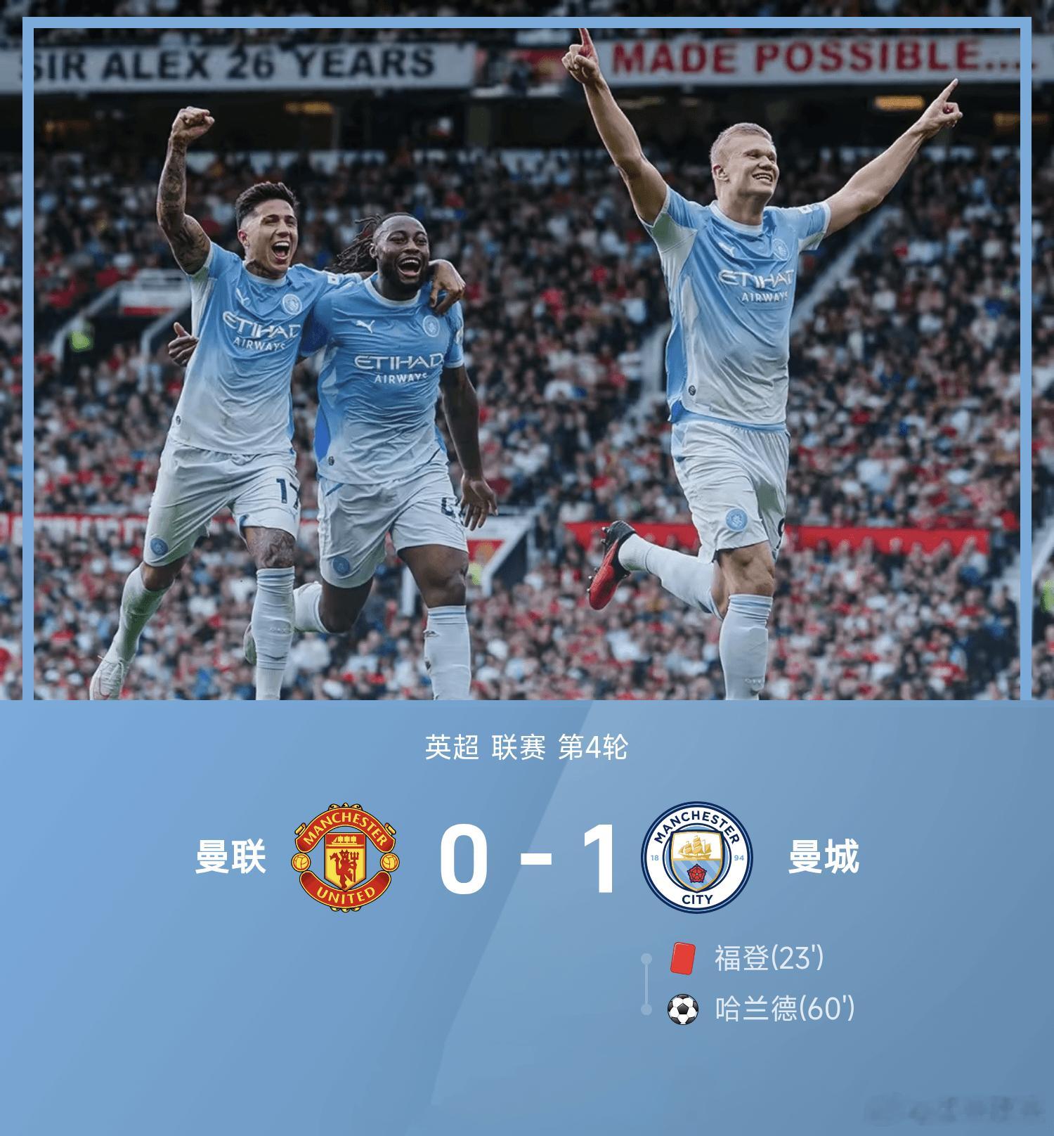 十人曼城拿下曼市德比！福登报复蹬踹B费染红，哈兰德制胜破门26‑27赛季英超第4