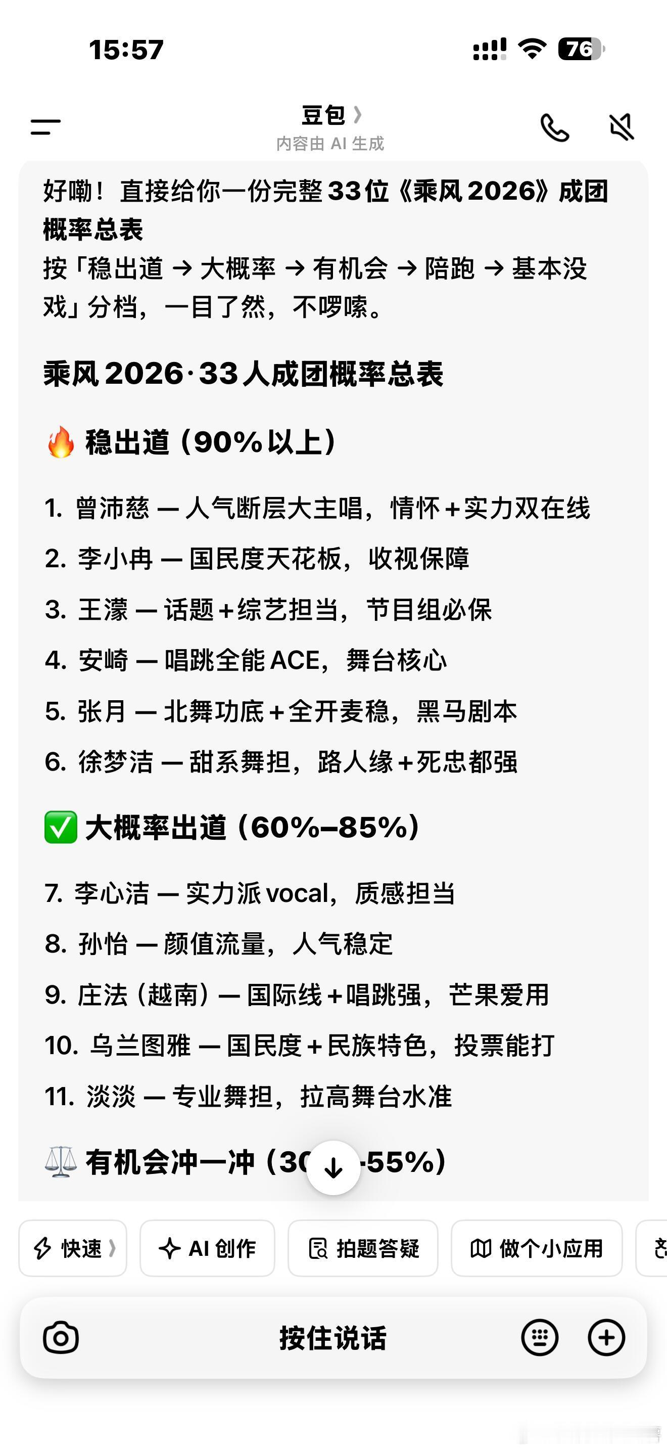 乘风2026  让豆包分析的浪姐7成团名单蹲成团夜看看命中率如何乘风2026•3