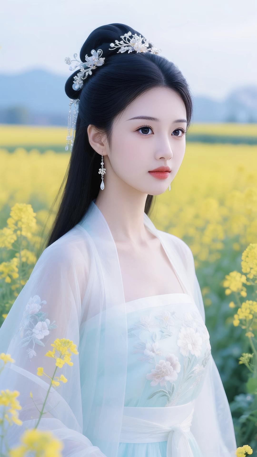 她身着一袭清浅的蓝白渐变汉服，外层薄纱轻盈飘逸，绣着精致的白色花卉纹样，内层抹胸