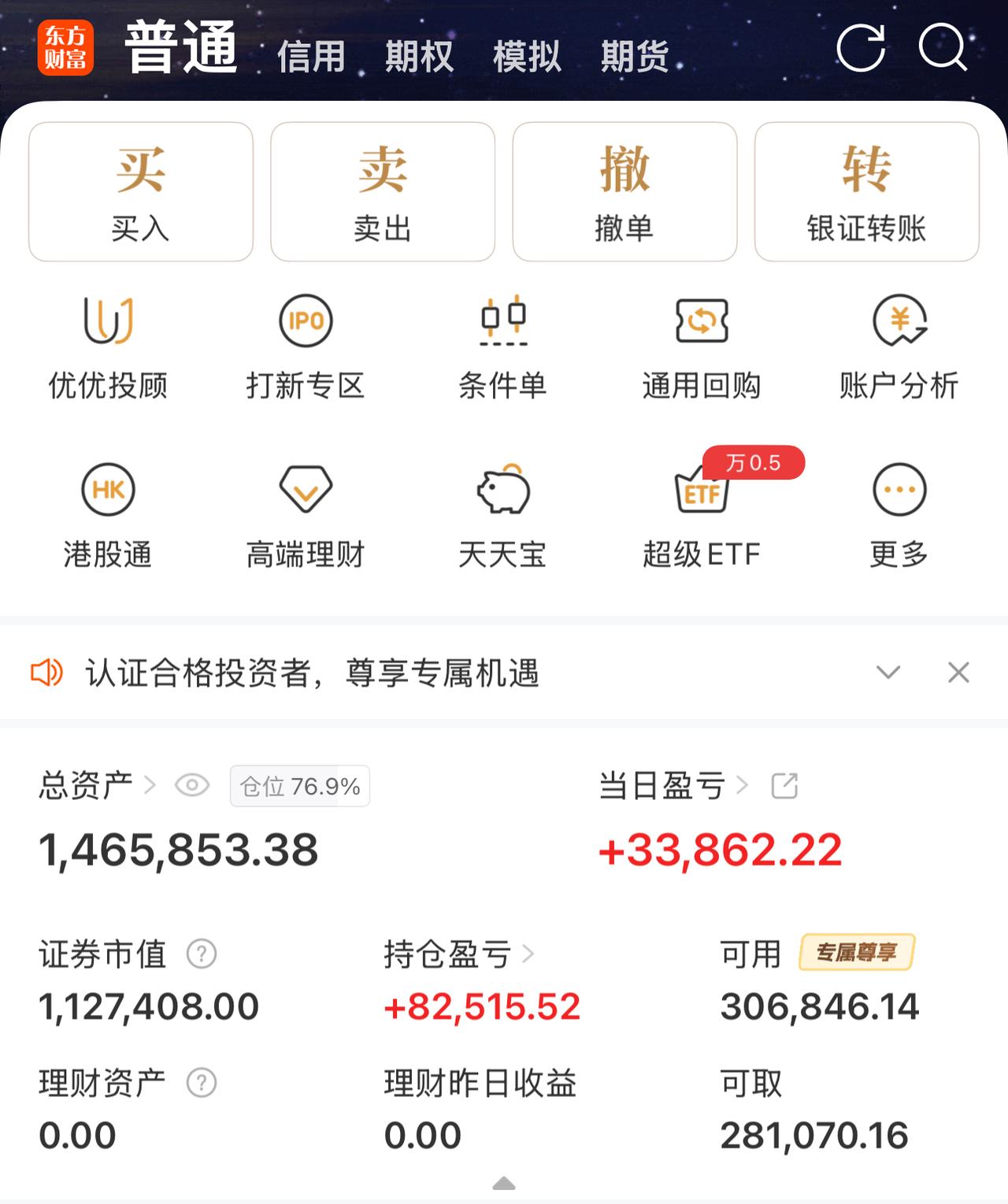今天幸亏北交所的一支股票救了我，收盘盈利三万多。算是跑赢了大盘。

最近股市操作
