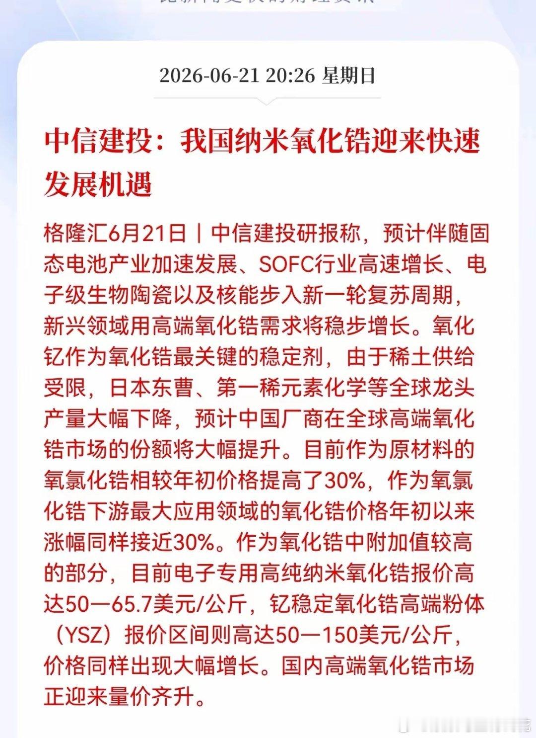 好消息！纳米氧化锆迎来重大利好消息！原料年内暴涨30%，高端粉体单价破百元美金，