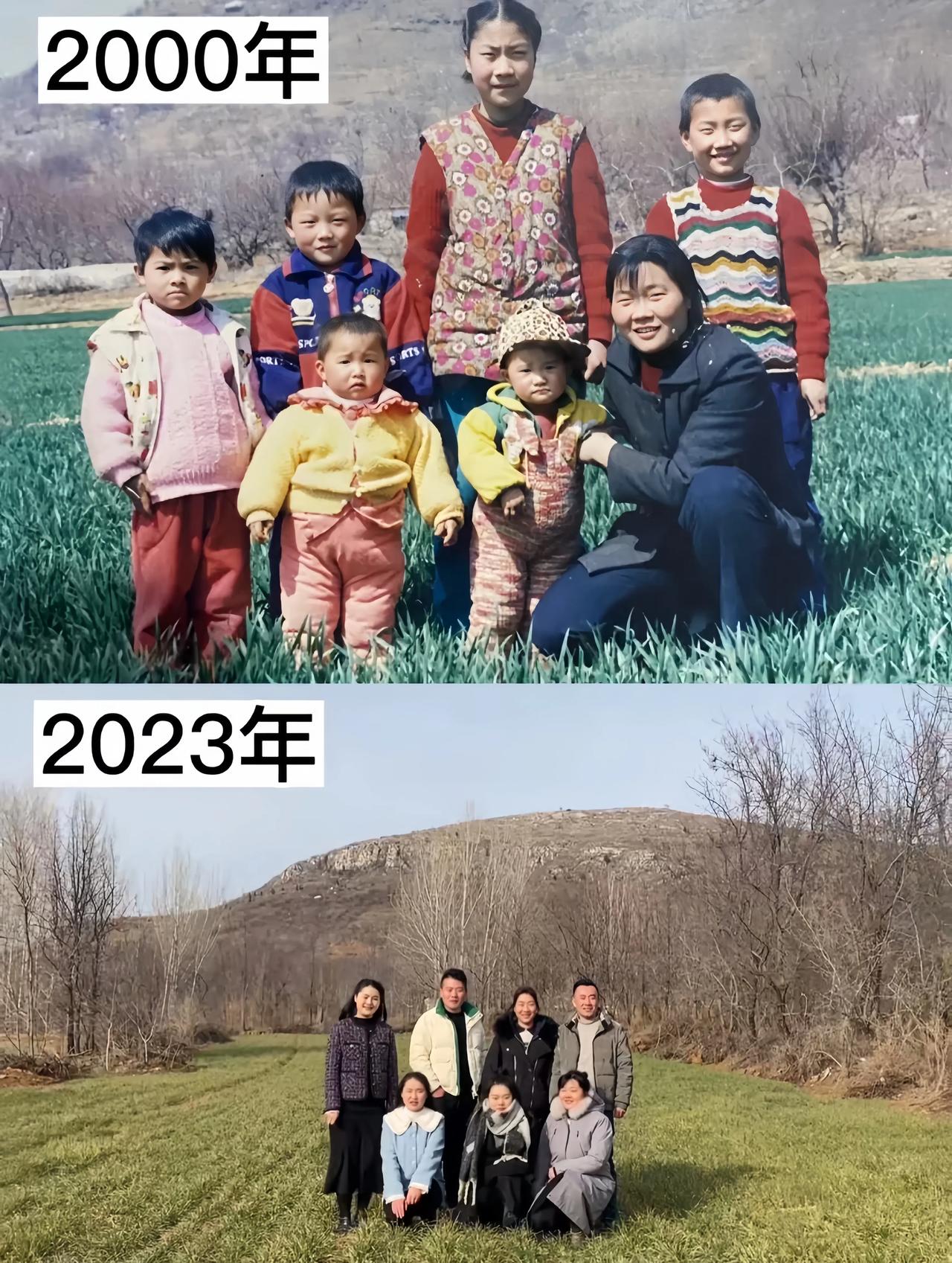 一位妈妈带着六个孩子，在同一个地方相隔23年的合影。孩子们都长大了，但妈妈已经老