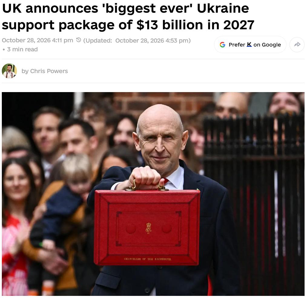 英国刚刚抛出的这笔援乌大单，恐怕又要给俄乌停火增添新的变数。10月28日，英国政