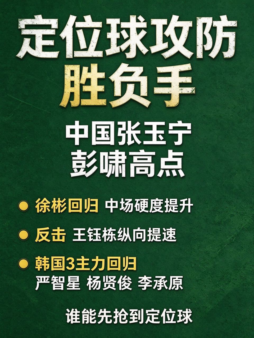 【战术拆解】14:00中韩半决赛，真正的胜负手是定位球两队底牌都掀开了：🇨🇳