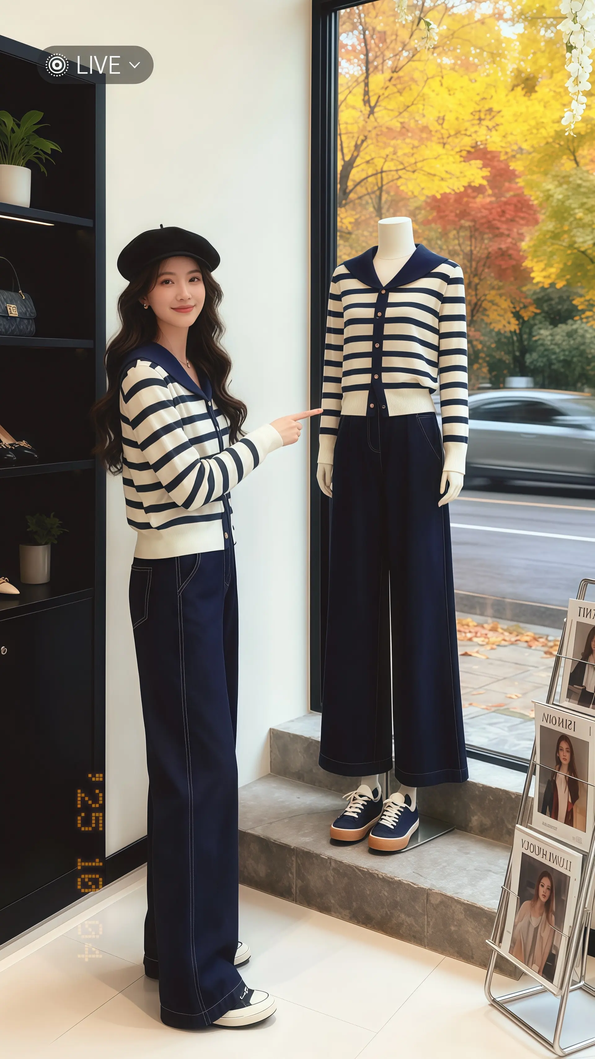 她穿着披肩条纹毛衣针织衫，在轻奢风女装店的落地窗前，将秋日的斑斓织进了...
