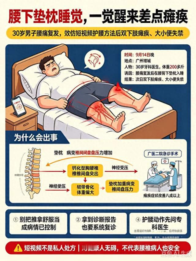睡时腰下垫枕头，30岁男子一觉差点