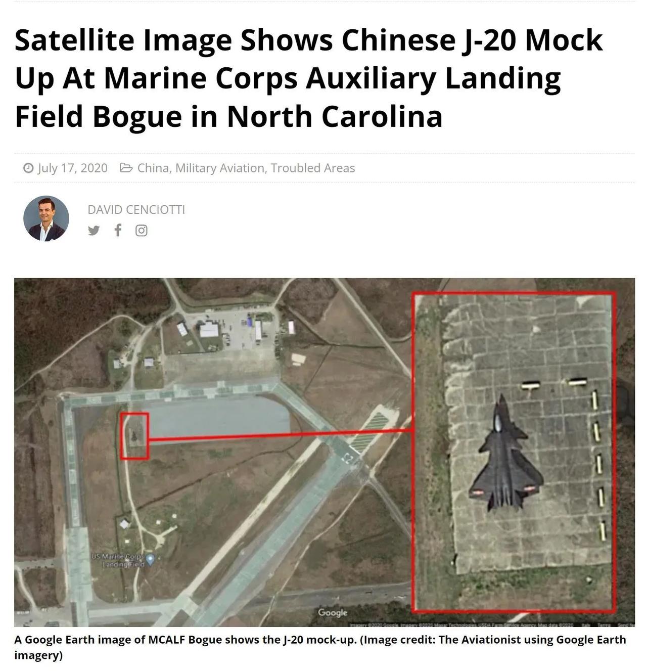 根据卫星图片和现场流出图片，中国J-20和歼教7的原尺寸模型在北卡罗来纳州博格海