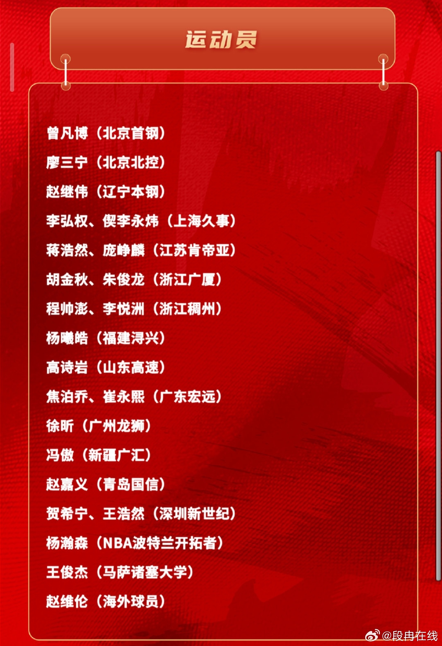 中国男篮新一期集训名单，集训时间7月13日至9月10日中国男篮