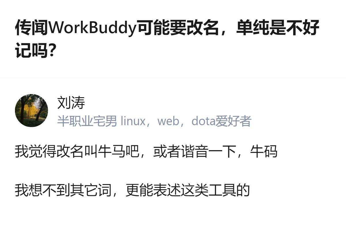 针对WorkBuddy改名的传闻，有答主提出改叫“牛马”或谐音“牛码”，认为这是