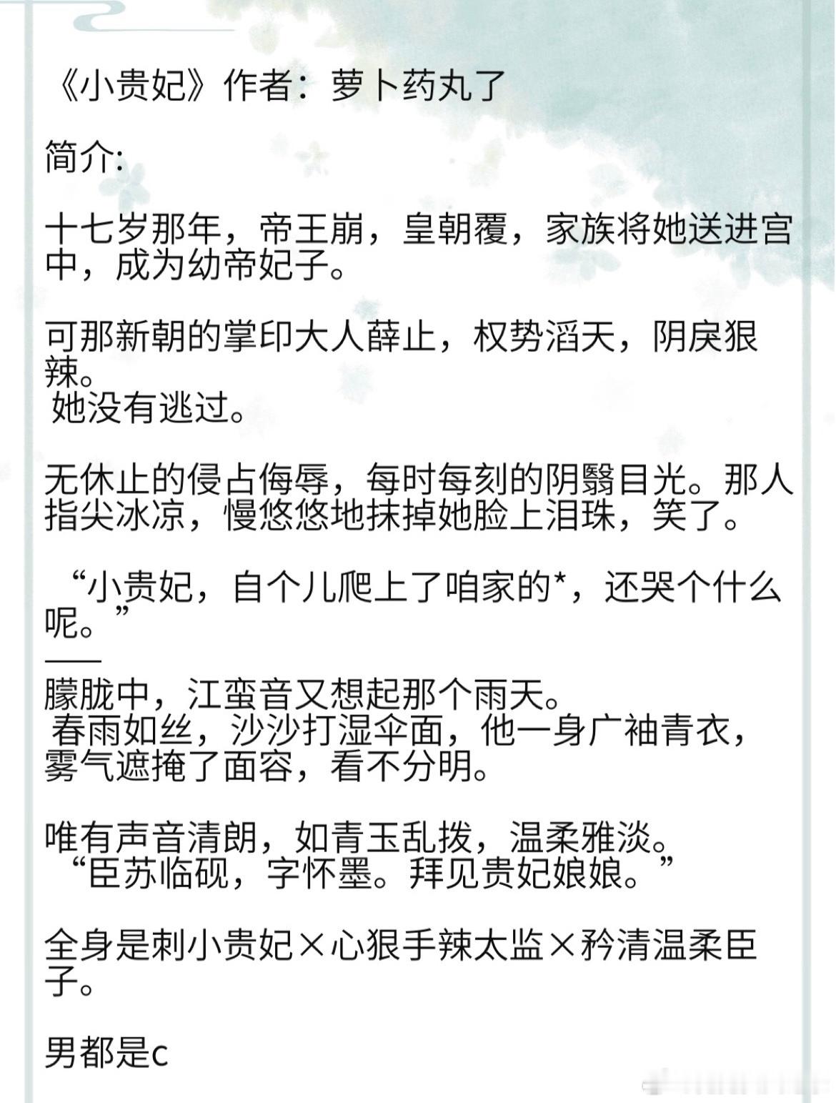 《小贵妃》作者：萝卜药丸了全身是刺小贵妃×心狠手辣太监×矜清温柔臣子#我的夏日书